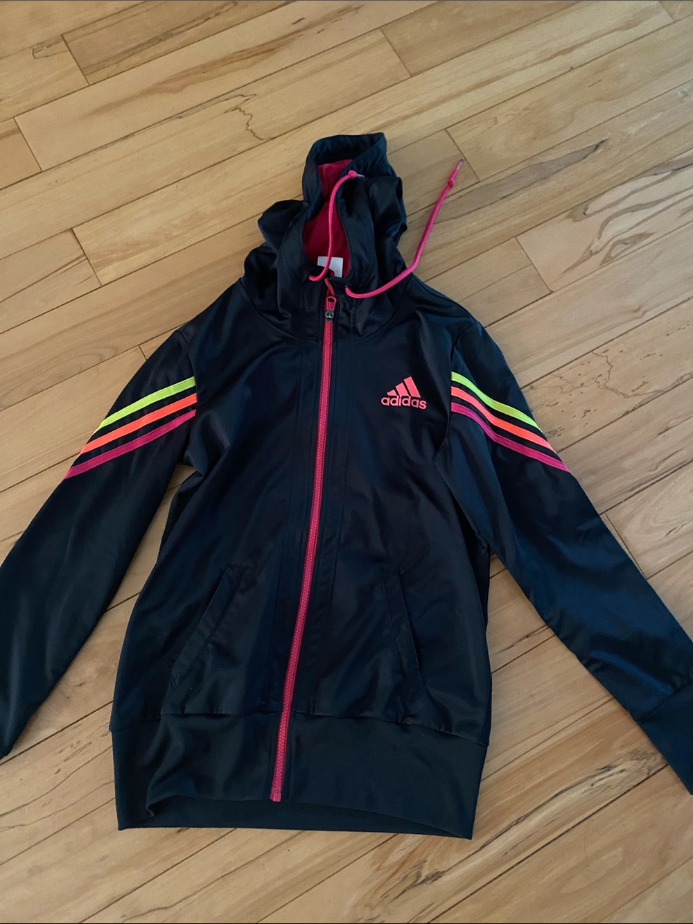 adidas Black Hooded Jacket with Pink Zip & Neon Stripe Sleeves